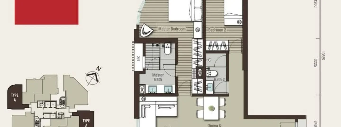 Floor plan: 2-bedroom 2-bathroom unit; features: open-plan kitchen-dining-living, master bedroom with ensuite bathroom, bedroom 2 with shared bathroom, utility room, balcony off living room, central foyer, 1 car porch.