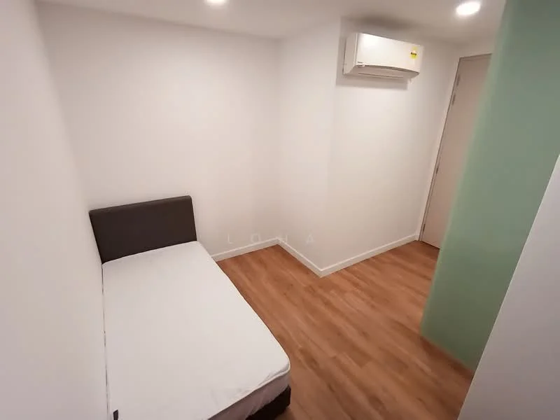 Bedroom features: white painted walls, laminate flooring, 1 wall-mounted split AC, single bed frame, no bedding, door to hallway, light fixtures in ceiling; style: modern.