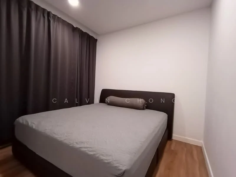 Bedroom features: queen-size bed, grey bedspread, dark grey curtains, white painted walls, wood laminate flooring, pillow on bed, recessed ceiling lights; style: modern.