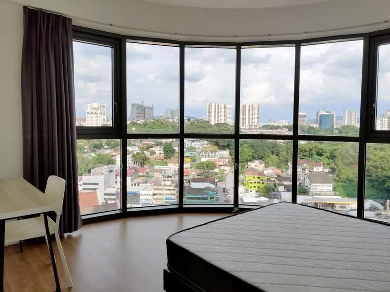 Bedroom features: floor-to-ceiling windows, curtains, wooden flooring, round shape, city view, queen-size bed, study desk, chair; style: modern; view: city.