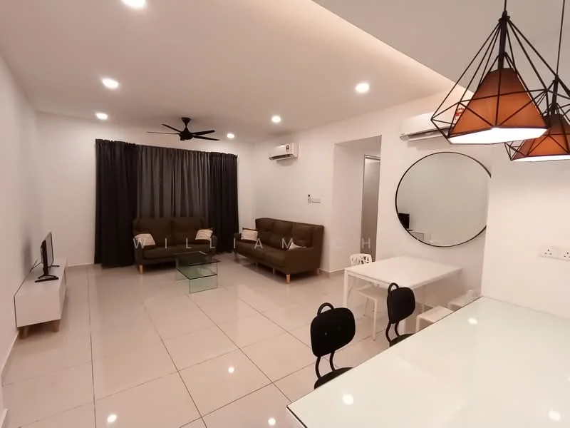 Living features: 3-seater fabric sofa in brown, 2-seater fabric sofa in brown, glass coffee table, white TV console, wall-mounted TV, ceiling fan with light, recessed LED downlights, floor-to-ceiling curtains in dark grey, tile flooring in white, decorative mirror, dining table with white top and black chairs; style: modern.