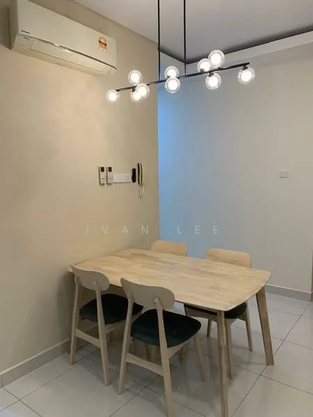 Dining features: 4-seater wooden dining table, light wood finish, green upholstered dining chairs, pendant light fixture with multiple bulbs, wall-mounted air conditioning unit, white painted walls, grey tiled flooring, telephone intercom, light switch panel; style: modern.
