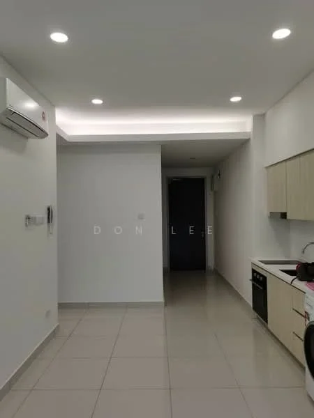 Kitchen features: white painted walls, light-colored cabinetry, black countertop, built-in oven, stainless-steel sink, chrome pull-down faucet, ceramic tile flooring, recessed LED downlights, 1 wall-mounted split AC; style: modern. Room features: grey accent wall, ceramic tile flooring, recessed LED downlights.