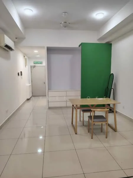 Room features: white painted walls, green accent wall, glossy tile flooring, ceiling with recessed lighting, 1 wall-mounted split AC, wooden dining table, 2 dining chairs, built-in cabinetry, open space layout; style: modern.