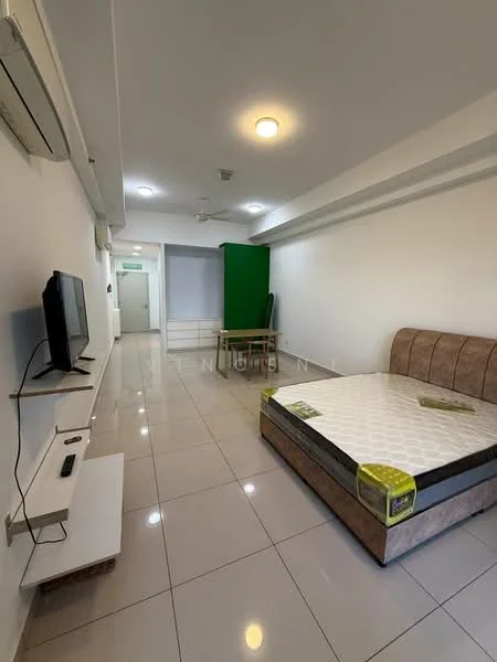 Bedroom features: queen-size bed, upholstered headboard, wall-mounted TV, white painted walls, glossy tile flooring, 1 wall-mounted split AC, recessed ceiling lights, sliding glass door, green accent wall, wooden table, white shelving unit; style: modern.