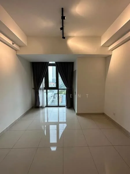 Room features: white painted walls, polished ceramic tile flooring, floor-to-ceiling windows, grey curtains, track lighting, no visible furniture; style: modern; view: city.