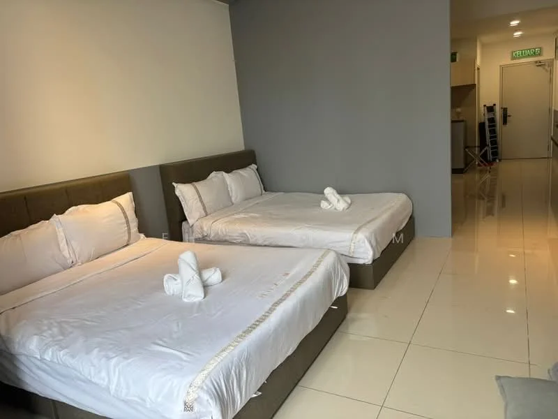 Bedroom features: two queen-size beds, white bedding, towels rolled on beds, grey accent wall, white painted walls, glossy tile flooring, nightstand beside beds, floor lamp, doorway leading to hallway; style: modern.