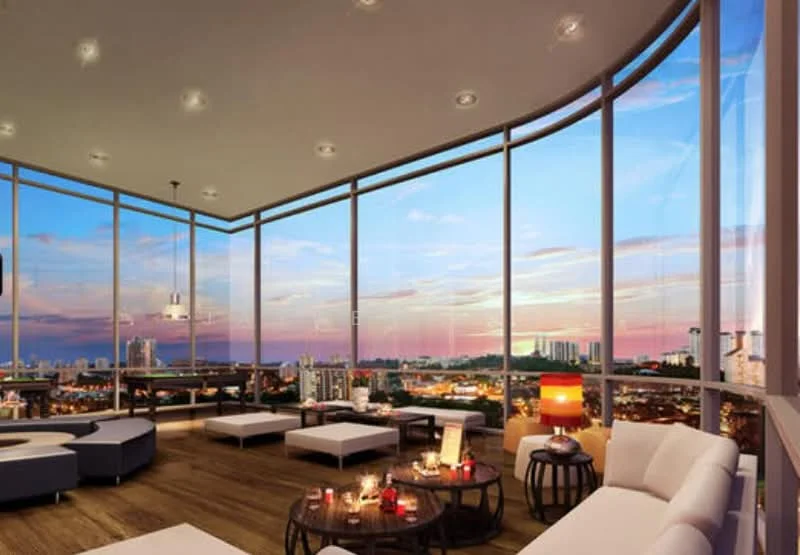 Living features: floor-to-ceiling windows, wooden flooring, recessed downlights, modern sofa in white, coffee table, side tables, decorative lamp, city skyline view; style: modern; view: city.