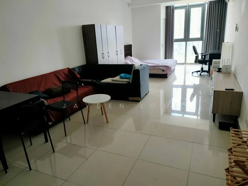 Living features: white painted walls, glossy tile flooring, floor-to-ceiling windows, black fabric sofa, 3-seater fabric sofa in grey, small round coffee table, black dining table with chairs, wooden TV console, desk with office chair, queen-size bed with pink bedding, built-in wardrobe; style: modern; view: city.