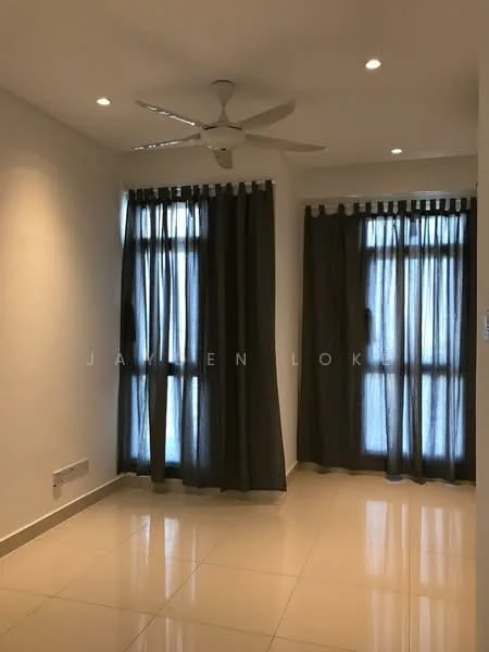 Room features: white painted walls, glossy tile flooring, 5-blade ceiling fan with light, floor-to-ceiling windows, sheer curtains, dark curtains, recessed downlights; style: modern.