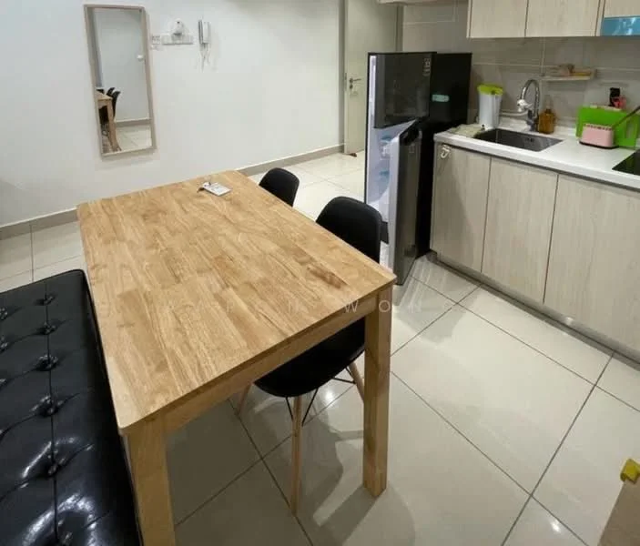 Kitchen features: white cabinets, black countertop, stainless-steel sink, chrome pull-down faucet, built-in fridge, ceramic tile flooring, wall-mounted shelves, kitchen appliances visible, dining table with wooden surface, black dining chairs; style: modern.