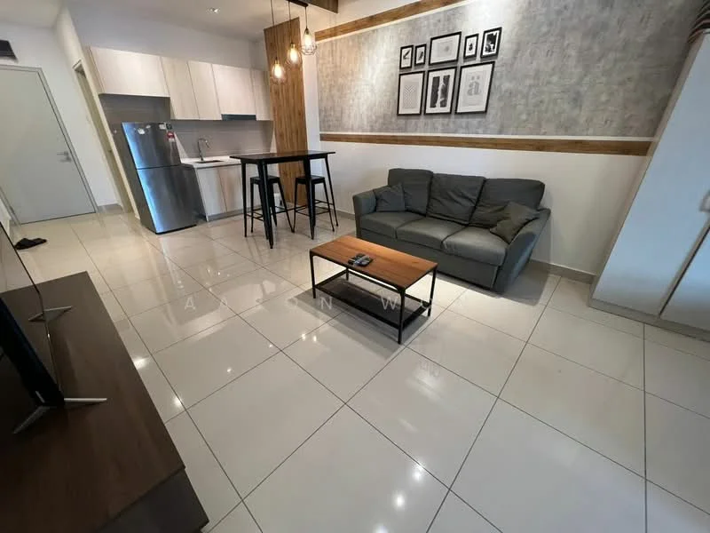 Living features: grey fabric sofa, wood coffee table, TV console, flat-screen TV, white painted walls, wood accent wall, recessed downlights, tile flooring, floor-to-ceiling windows, open-plan layout, bar-height dining table with stools, stainless-steel fridge, kitchen cabinetry; style: modern.