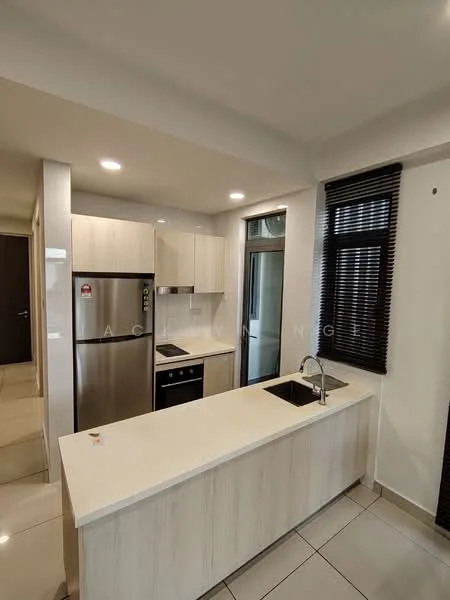 Kitchen features: white laminate cabinetry, stainless-steel fridge, built-in oven, 4-burner gas hob, single-bowl stainless-steel sink, chrome pull-down faucet, white quartz countertop, tile backsplash, recessed LED downlights, floor-to-ceiling windows with black blinds, ceramic tile flooring; style: modern.