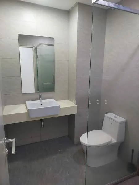 Bathroom features: single-sink vanity with white countertop, square ceramic sink, chrome basin mixer faucet, framed mirror, one-piece toilet, glass shower enclosure, grey tile flooring, light grey wall tiles, built-in shower shelf; style: modern.