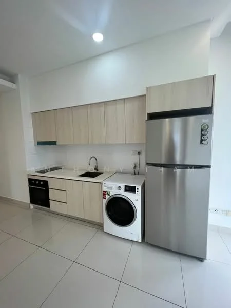 Kitchen features: light wood cabinetry, white countertop, single-bowl stainless-steel sink, chrome pull-down faucet, built-in oven, ceramic cooktop, stainless-steel fridge, front-load washing machine, white tiled backsplash, recessed downlights, grey tile flooring; style: modern.