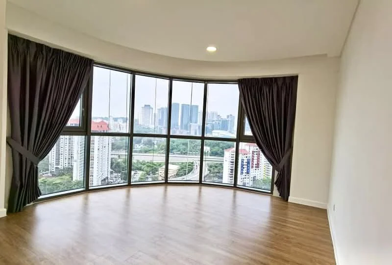 Living features: floor-to-ceiling windows, curtains in dark grey, laminate flooring, city view, recessed downlights, neutral painted walls, corner layout, open space; style: modern; view: city.