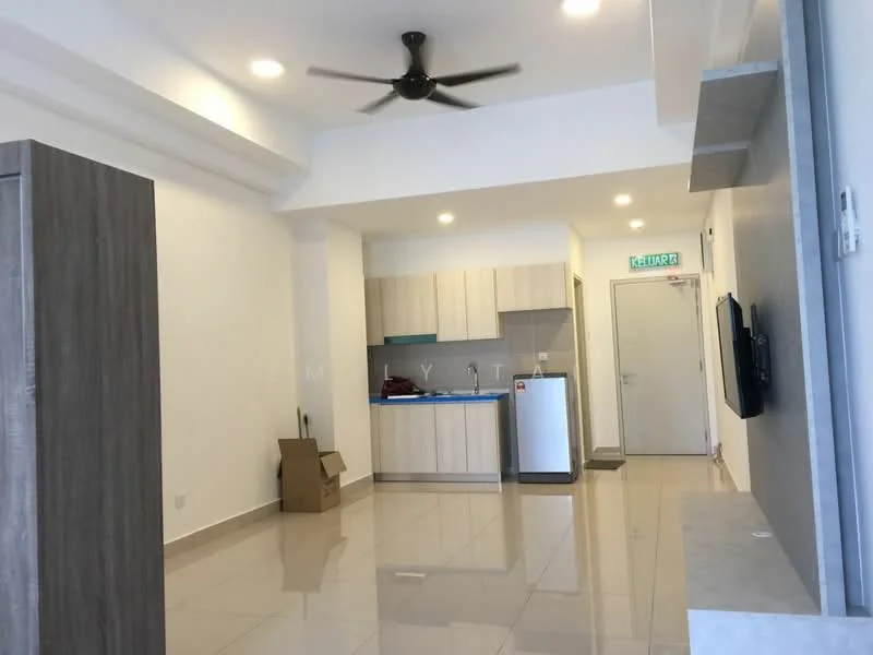 Living features: white painted walls, glossy ceramic tile flooring, 5-blade ceiling fan with light, recessed downlights, built-in cabinetry, stainless-steel fridge, kitchenette with light wood cabinetry, countertop with backsplash, open layout, door leading to hallway; style: modern.
