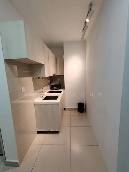 Kitchen features: light wood cabinetry, black countertop, single-bowl stainless-steel sink, chrome pull-down faucet, built-in oven, ceramic tile flooring, white tiled backsplash, recessed downlights, wall-mounted cabinets, kitchen waste bin; style: modern.