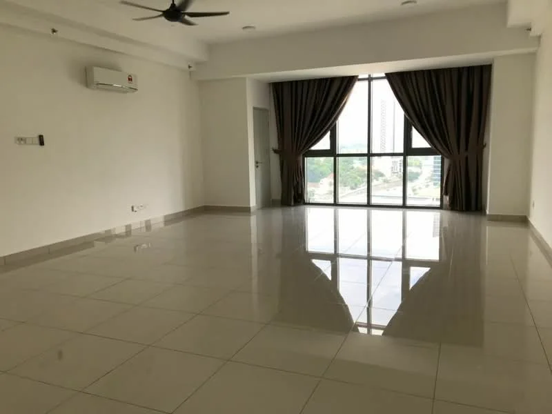 Living features: white painted walls, glossy porcelain tile flooring, 5-blade ceiling fan, floor-to-ceiling windows, sheer curtains, air conditioning unit, recessed downlights; style: modern; view: city.