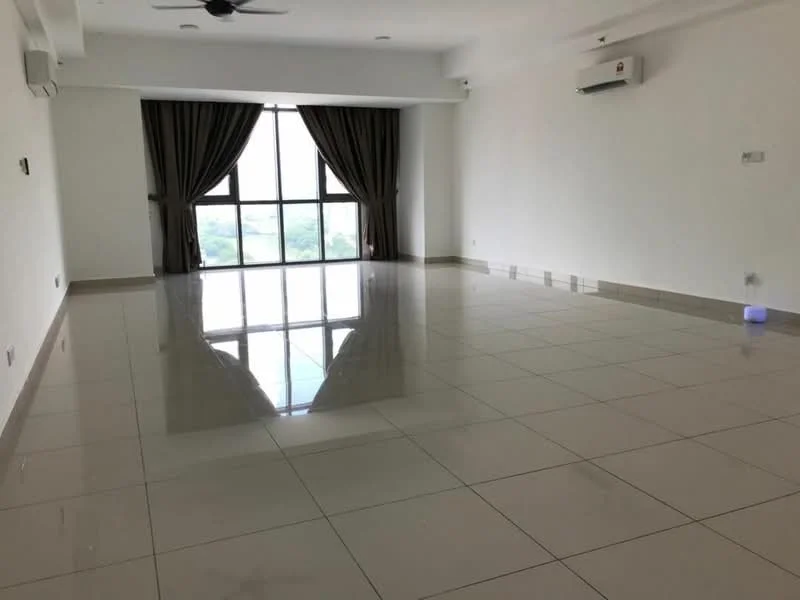 Living features: large floor-to-ceiling windows, grey curtains, white painted walls, polished ceramic tile flooring, 1 wall-mounted split AC, recessed downlights, ceiling fan, open layout; style: modern; view: garden.