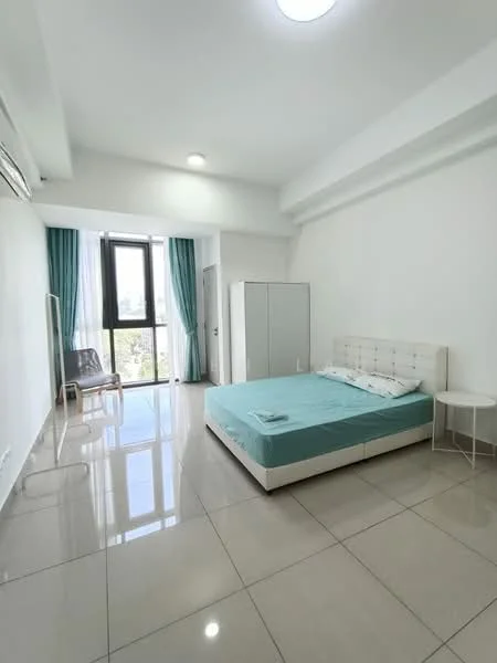 Bedroom features: king-size bed with upholstered headboard, white bedding, white bedside table, floor-to-ceiling windows, curtains in teal, built-in wardrobe, air conditioning unit, polished ceramic tile flooring, recessed ceiling lights, chair in corner; style: modern; view: city.