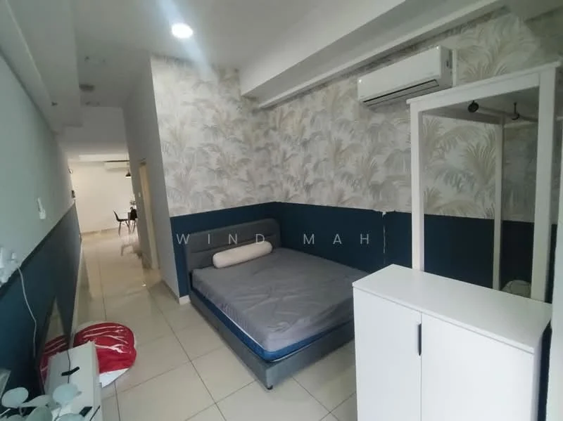 Bedroom features: queen-size bed, decorative wall with floral wallpaper, blue painted accent wall, white painted walls, built-in wardrobe, wall-mounted air conditioning unit, tile flooring, ceiling lights; style: modern.