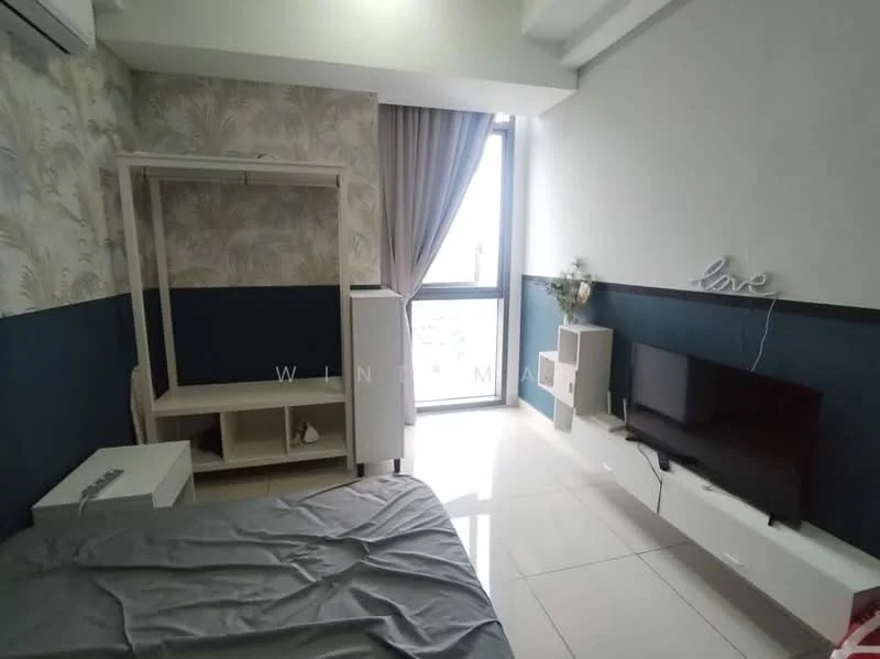Bedroom features: queen-size bed with grey bedding, white bedside table, white TV console, wall-mounted TV, built-in wardrobe, decorative wall with floral pattern, blue accent wall, large window with sheer curtains, tile flooring, decorative plant on shelf, wall-mounted decor with the word 'love'; style: modern; view: city.