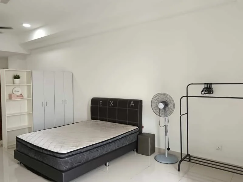 Bedroom features: queen-size bed, upholstered headboard, white painted walls, glossy tile flooring, built-in wardrobe with sliding doors, freestanding clothing rack, standing fan, decorative shelf unit, neutral color scheme; style: modern.
