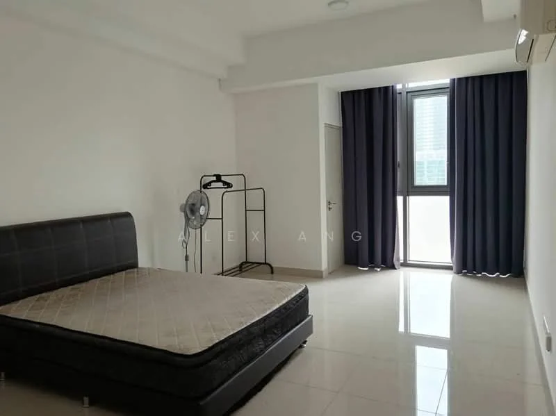 Bedroom features: queen-size bed frame without mattress, floor-to-ceiling window, blue curtains, white painted walls, glossy tile flooring, wall-mounted air conditioning unit, clothes rack, ceiling light; style: modern; view: city.