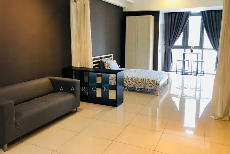 Room features: grey accent wall, white painted walls, glossy tile flooring, sofa in grey fabric, bed with patterned bedding, black side table, two chairs, floor-to-ceiling windows with sheer curtains; style: modern.