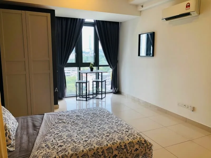 Bedroom features: queen-size bed with patterned bedding, floor-to-ceiling windows, blackout curtains, 2 small side tables, wall-mounted TV, wall-mounted split AC, cream painted walls, tile flooring, decorative plant on table, built-in wardrobe with sliding doors; style: modern; view: city.