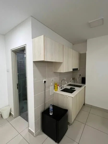 Kitchen features: light wood cabinetry, black countertop, single-bowl stainless-steel sink, chrome pull-down faucet, built-in stove, black fridge, tile backsplash, ceramic tile flooring, recessed downlights; style: modern. Room features: shower area, grey tiled walls, glass shower door.