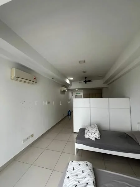 Room features: white painted walls, tile flooring, ceiling fan, 1 wall-mounted split AC, 2 single beds with grey bedding, partition wall, recessed lighting, built-in wardrobe; style: modern.