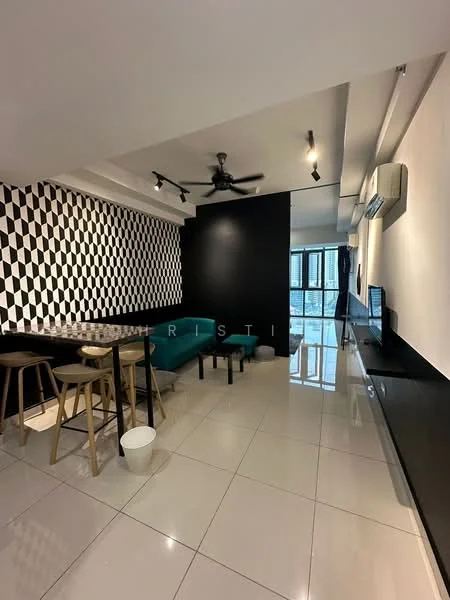 Living features: black and white geometric accent wall, plain white walls, glossy white tile flooring, 5-blade ceiling fan with light, sofa in teal, wooden bar stools, wall-mounted TV, recessed LED downlights, large windows with city view, black feature wall, open layout; style: modern; view: city.