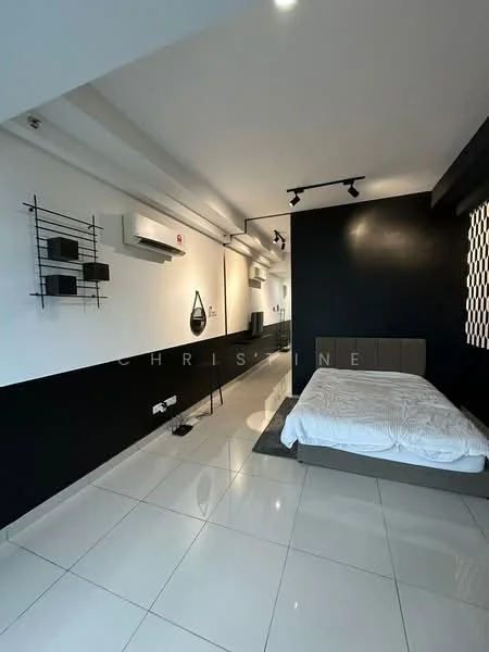 Bedroom features: queen-size bed with grey upholstered headboard, white bedding, black accent wall, white painted walls, glossy white tile flooring, 1 wall-mounted split AC, 2 wall-mounted shelves, track lighting, floor-to-ceiling window with grid pattern, decorative wall panel; style: modern.