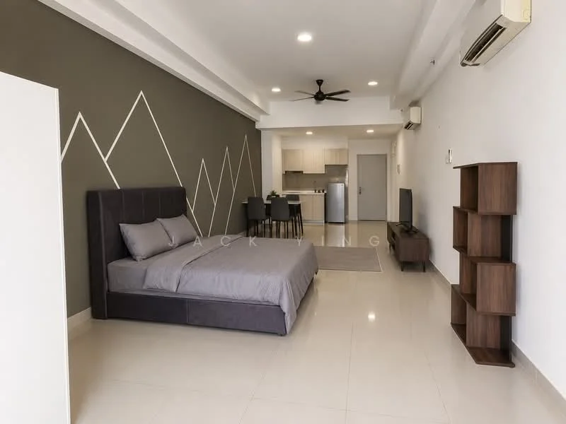Living features: grey upholstered bed with headboard, light grey bedding, white painted walls, accent wall with geometric pattern in dark grey, tile flooring, 5-blade ceiling fan, wall-mounted TV, wooden TV console, open shelving unit, dining table with chairs, stainless-steel fridge, kitchen cabinetry, recessed downlights; style: modern.