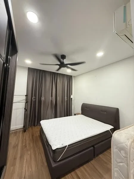Bedroom features: queen-size bed, upholstered headboard, wooden flooring, 5-blade ceiling fan, recessed downlights, floor-to-ceiling curtains, built-in wardrobe, wall-mounted air conditioning unit; style: modern.