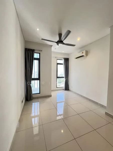Room features: white painted walls, glossy ceramic tile flooring, 5-blade ceiling fan with light, floor-to-ceiling windows, grey curtains, wall-mounted split AC, recessed downlights; style: modern; view: city.