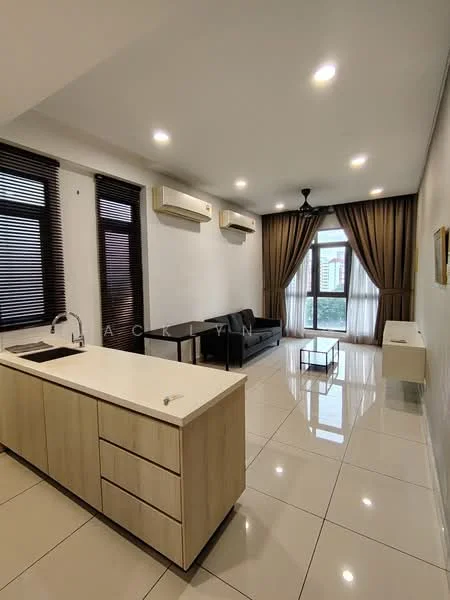 Living features: white painted walls, glossy tile flooring, 5-blade ceiling fan with light, floor-to-ceiling windows, sheer curtains, blackout curtains, sofa in dark grey, coffee table, wall-mounted TV, 2 wall-mounted split ACs; style: modern; view: city. Kitchen features: white cabinetry, marble countertop, single-bowl stainless-steel sink, chrome pull-down faucet, built-in appliances; style: modern.