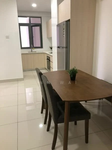Kitchen features: white painted walls, glossy tile flooring, kitchen cabinets in light wood, stainless-steel fridge, built-in oven, stainless-steel sink, chrome pull-down faucet, countertop in light color, dining table with wooden surface, 4 dining chairs in dark fabric, window with natural light; style: modern.