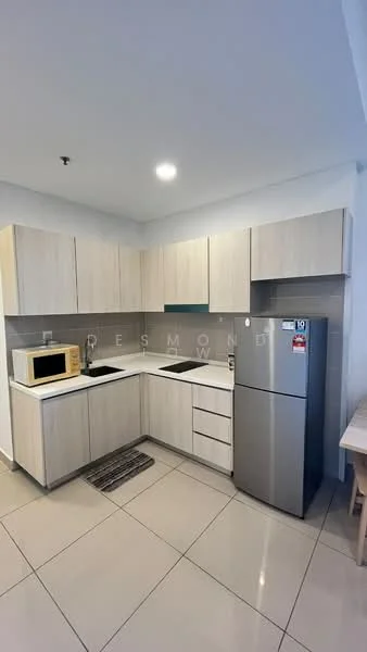 Kitchen features: light wood cabinetry, white countertop, stainless-steel fridge, built-in microwave, two-burner electric cooktop, single-bowl stainless-steel sink, chrome pull-down faucet, tile backsplash, ceramic tile flooring, recessed downlights; style: modern.