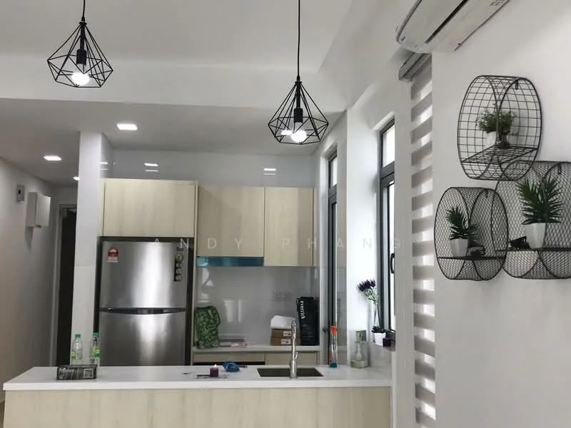 Kitchen features: white cabinets, stainless-steel fridge, single-bowl stainless-steel sink, chrome pull-down faucet, white countertop, open shelving with decorative plants, pendant lights, recessed lighting, window with blinds, kitchen island; style: modern.