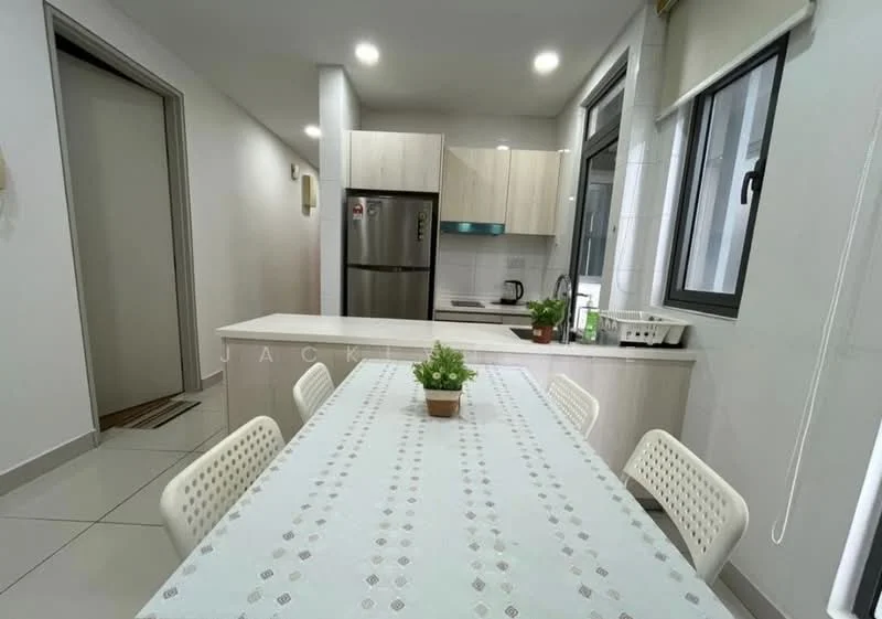 Dining features: 6-seater dining table, white dining chairs, light blue tablecloth, white cabinetry, stainless-steel fridge, built-in kitchen countertop, kitchen sink, window with natural light, tile flooring, neutral wall color, recessed downlights; style: modern. Kitchen features: stainless-steel fridge, built-in kitchen countertop, kitchen sink, cooking hob, white cabinetry, window with natural light; style: modern.