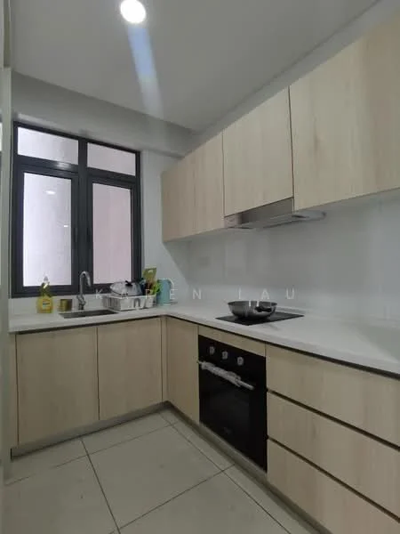 Kitchen features: light wood cabinetry, white quartz countertop, stainless-steel sink, chrome pull-down faucet, built-in oven, 4-burner gas hob, tile flooring, window with black frame, under-cabinet lighting, open shelving; style: modern.