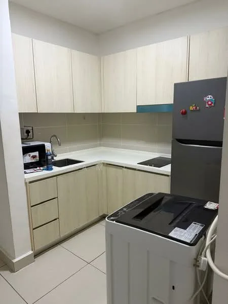 Kitchen features: light wood cabinetry, white countertop, single-bowl stainless-steel sink, chrome pull-down faucet, built-in electric stove, microwave, stainless-steel fridge, top-load washing machine, ceramic tile flooring, white tiled backsplash, under-cabinet lighting; style: modern.