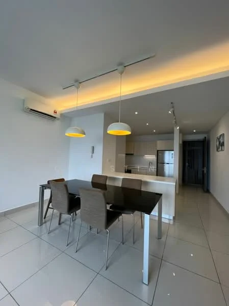 Dining features: glass dining table, 4 upholstered dining chairs, pendant lighting fixtures, white walls, tile flooring, wall-mounted split AC, recessed ceiling lights, open layout to kitchen, kitchen island, stainless-steel refrigerator, stainless-steel appliances; style: modern.