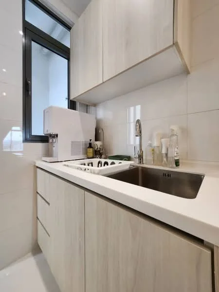 Laundry features: single-bowl stainless-steel sink, chrome pull-down faucet, white countertop, light wood cabinetry, built-in upper cabinets, white tiled walls, grey tiled flooring, window with black frame; style: modern.