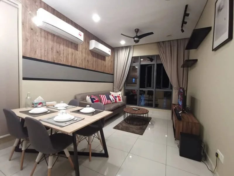 Living features: grey fabric sofa, decorative cushions with patterns, round coffee table, dining table with 4 chairs, wall-mounted TV, wooden feature wall, 2 wall-mounted split AC units, recessed downlights, curtains, floor-to-ceiling windows, ceramic tile flooring, shelving unit on wall; style: modern.