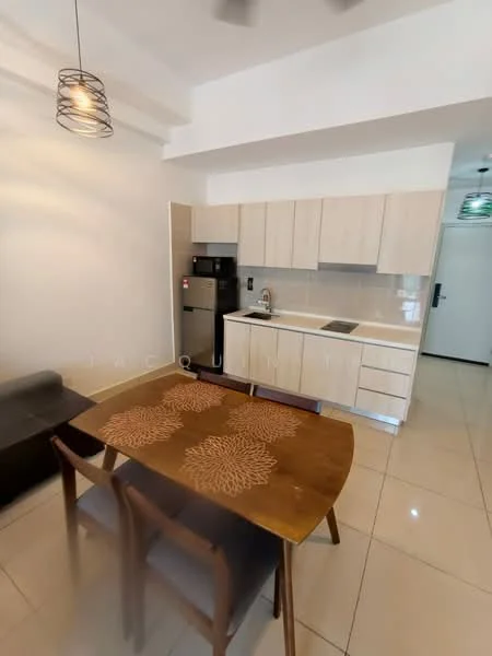 Kitchen features: light wood cabinetry, white countertop, stainless-steel sink, chrome pull-down faucet, built-in stove, refrigerator, pendant light, tile flooring, open layout, dining table with decorative placemats, 4 dining chairs; style: modern.