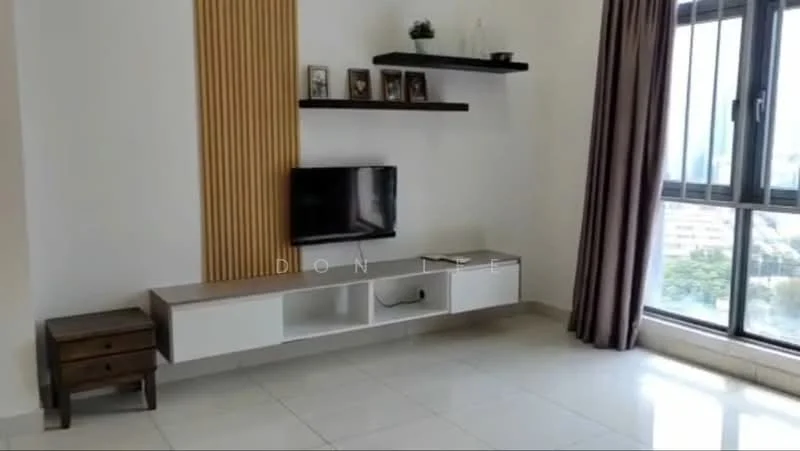 Living features: white painted walls, cream tiled flooring, wooden TV console with storage, wall-mounted TV, floating shelves, curtains, floor-to-ceiling windows, city view; style: modern; view: city.